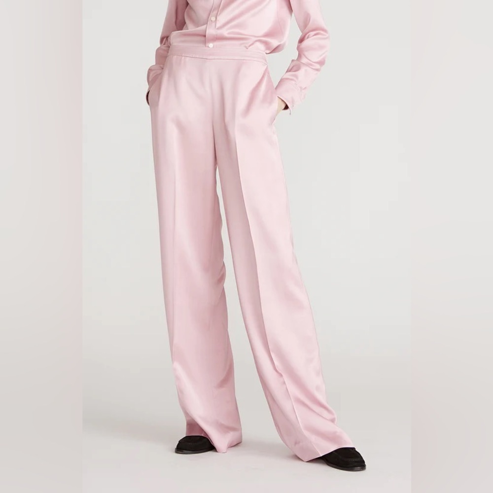 NWT Halston Aleah Satin Pant Pink $395 USD SOLD OUT Straight Leg Pull On Pockets